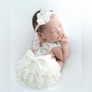 Newborn lace bow back bodysuit & headband for photography